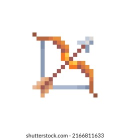 Bow and arrow. Medievalist weapons. Сrossbow weapon pixel art style icon, isolated vector illustration. Design for sticker, mobile app and logo. Game assets 8-bit sprite.