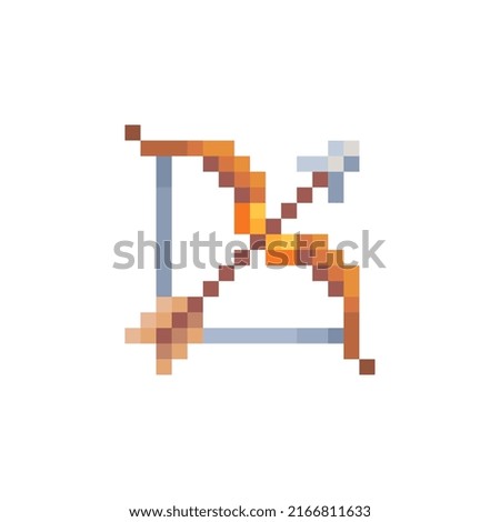 Bow and arrow. Medievalist weapons. Сrossbow weapon pixel art style icon, isolated vector illustration. Design for sticker, mobile app and logo. Game assets 8-bit sprite.