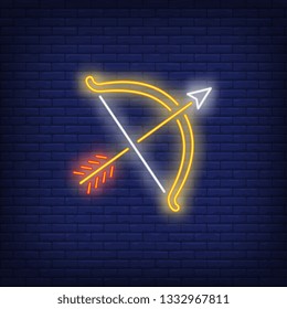 Bow and arrow neon sign. Native American culture concept design. Night bright neon sign, colorful billboard, light banner. Vector illustration in neon style.