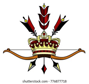 bow and arrow on the background of the golden crown