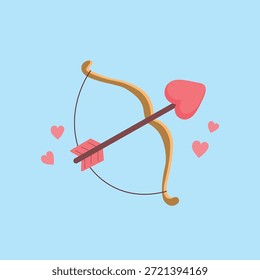 Un arco y una flecha se colocan sobre un fondo azul claro. El arco tiene un diseño simple, y la flecha tiene una punta en forma de corazón. Pequeños corazones rodean el arco, mostrando un tema de amor.