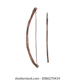 Arco y flecha, arma primitiva dibujada aislada en fondo blanco. Imagen vectorial de la antigua herramienta medieval de tiro con arco en el estilo de doodle de dibujos a mano.