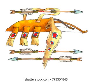 
Bow, arrow and quiver of American Indians. Painted by hand. 
Vector. Illustrator 10