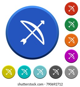 Bow with arrow round color beveled buttons with smooth surfaces and flat white icons