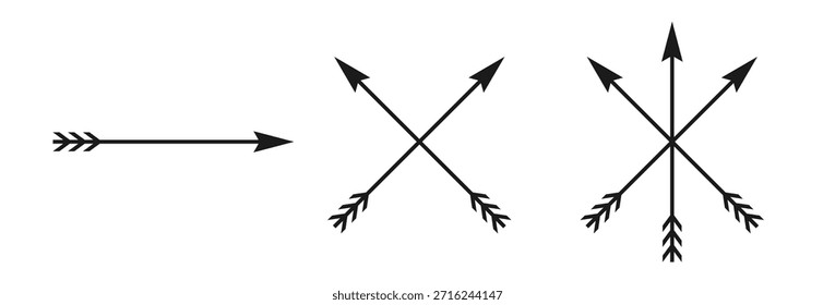 Conjunto de formas de flecha de arco. Flechas cruzadas heráldica y escudo de armas símbolo colección. Signo de tiro con arco. Imagen de Ilustración vectorial.
