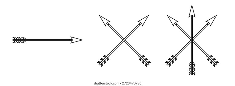 Conjunto de formas de flecha de arco. Flechas cruzadas heráldica y escudo de armas símbolo colección. Signo de tiro con arco. Imagen de Ilustración vectorial.
