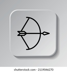 Bow and arrow simple icon. Flat desing. Black icon on square button with shadow. Grey background.ai
