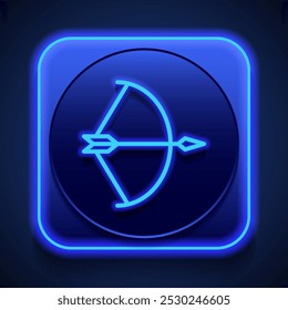 Icono simple de arco y flecha. Diseño plano. Estilo de neón azul en el Botón. Con shadow.ai
