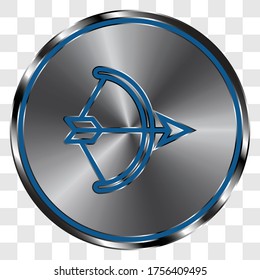 Bow and arrow simple icon on metal round button. Transparent grid