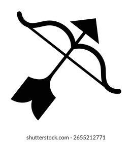 Bow and arrow symbol icon. Ancient wooden bow and arrow isolated on white background. Simple archery bow icon silhouette symbol website logo design. Vector illustration.
