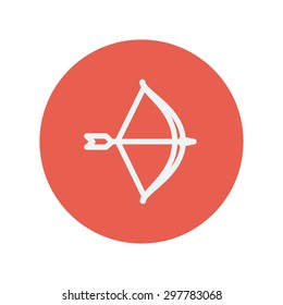Bow and arrow thin line icon for web and mobile minimalistic flat design. Vector white icon inside the red circle.