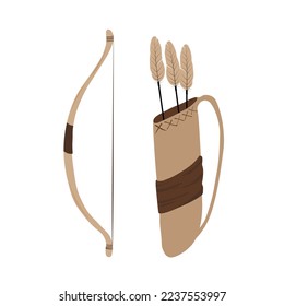 Bow and arrow vector stock illustration. Isolated on a white background. Weapons for hunting. Quiver made of leather.