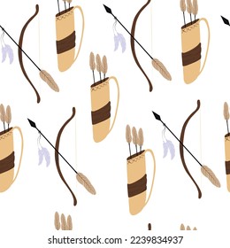 Ilustración del material vectorial de arco y flecha. Armas de caza. Quiver hecho de cuero. Patrón sin foco.