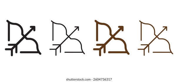 Bow arrow vectors icons set in filled and strokes on white background.