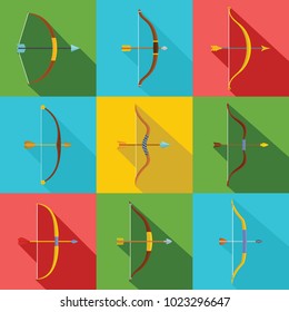 Bow arrow weapon icons set. Flat illustration of 9 bow arrow weapon vector icons for web