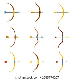 Bow arrow weapon icons set. Flat illustration of 9 bow arrow weapon vector icons isolated on white