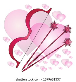 A bow and arrows of Cupid on a background of pink hearts pattern.  Element for  create design children's things, wrapping paper, wallpaper, greeting cards, invitations of the wedding, Valentines Day