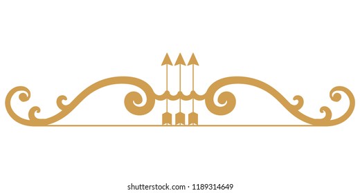 Bow and arrows in Happy Dussehra festival of India, golden color, white isolated background.