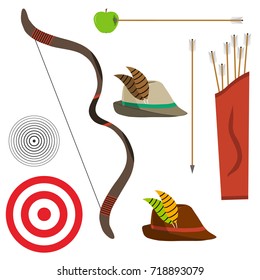 Bow with arrows, a hunter's hat, a target. A set of archer. Flat design, vector illustration, vector.