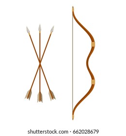 Bow and arrows isolated on white background. Archery or hunter tools. Vector illustration.