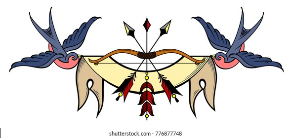 Bow and arrows on the background of the banner that holds the swallows
