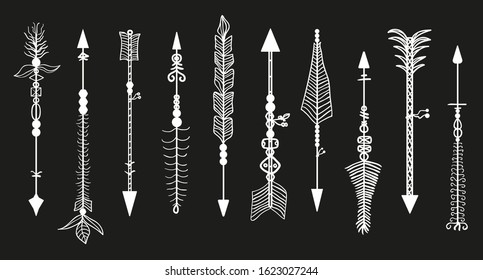 Bow arrows on black. Set of different rustic arrows with tribal ornaments. Black and white illustration