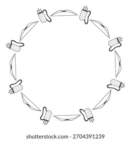 Flechas de arco y borde redondo. Marco de círculo de tiro con arco en estilo doodle juguetón. Plantilla de boceto de tinta para invitación de Anuncio de póster de tarjeta. Ilustración vectorial