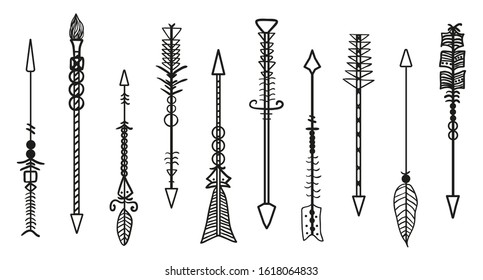 Bow arrows. Set of different rustic arrows with tribal ornaments. Black and white illustration