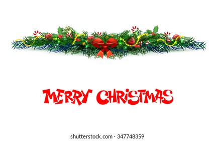 Bow Borders Fir-tree Branches With Holly Berry Set With Gradient Mesh. Vector Illustration