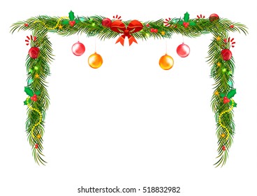 Bow Borders Fir-tree Branches With Holly Berry Set With Gradient Mesh. Vector Illustration