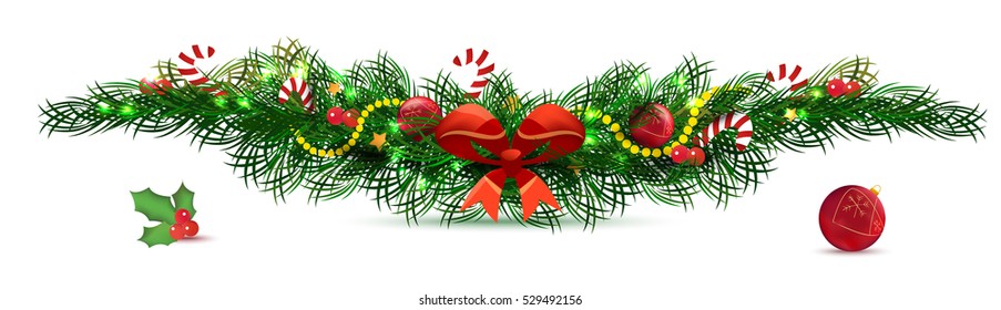 Bow Borders Fir-tree Branches With Holly Berry Set With Gradient Mesh. Vector Illustration