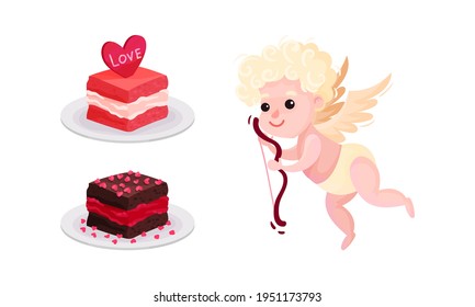 Bow Boy or Cherub and Sweet Cake as Saint Valentine Day Festive Attributes and Symbols Vector Set