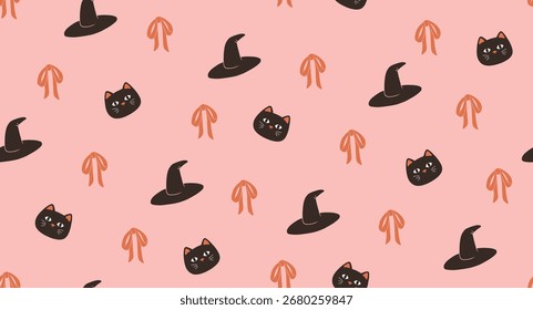 Bogen, Katze und Hexenhut nahtloses Vektormuster. Halloween-Hintergrund
