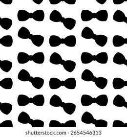 Bow. Chaotically scattered bows. Silhouette. Endless vector pattern. Seamless ornament of cute bow ties. Isolated colorless background. Idea for web design.