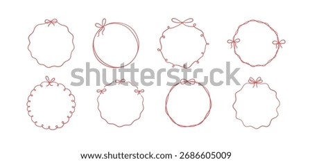Bow circle coquette frame set. Vintage lace ribbon round border. Hand drawn circle line frame with bow. Doodle girly decorative red border. Vector illustration isolated on white background.