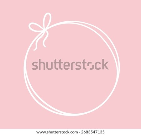 Bow circle coquette frame. Vintage lace ribbon round border. Hand drawn circle line bow frame. Doodle girly decorative white border. Vector illustration isolated on pink background.