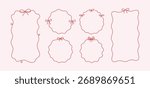 Bow circle and rectangle coquette frame set. Vintage lace ribbon round border. Hand drawn circle line bow frame. Doodle girly decorative red border. Vector illustration isolated on pink background.