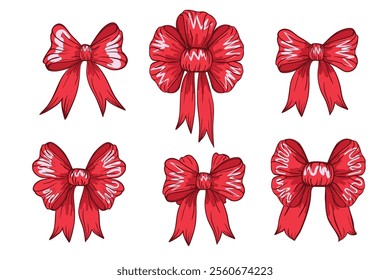 Bow clipart set for gift wrapping for birthday, Valentine Day, Christmas, New Year. Red cartoon Bow coquette y2k aesthetic ribbon, elegant accessory, tie knots isolated on white background