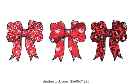 Bow clipart set for gift wrapping for birthday, Valentine Day, Christmas, New Year. Red cartoon Bow coquette y2k aesthetic ribbon, t-shirt design, tie knots isolated on white background.