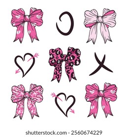 Bow clipart set for gift wrapping for birthday, Valentine Day, Christmas, New Year. Pink cartoon Bow xoxo coquette y2k aesthetic ribbon, t-shirt design, tie knots isolated on white background