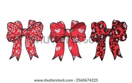 Bow clipart set for gift wrapping for birthday, Valentine Day, Christmas, New Year. Red cartoon Bow coquette y2k aesthetic ribbon, t-shirt design, tie knots isolated on white background.
