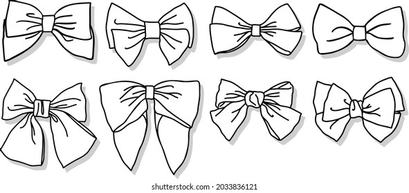 Bow collection. Hand drawn, doodled vector illustration bundle. Outline with white fill and grey shadows.