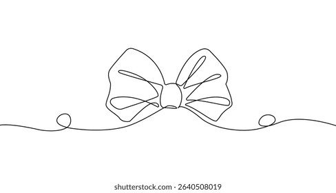 Bow Continuous One Line Vector Illustration in Minimalist Style. Cute Bow Black Sketch Isolated on White Background. Ribbon Silhouette Vector Minimalistic Illustration. Not AI