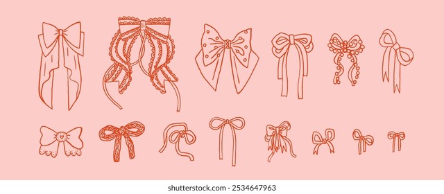 Bogen Coquette Clipart-Set, süße y2k Ästhetik. Bows Hochzeit skurrile Clip Art Kollektion. Pastellrosa und rote Bänder, einzelne Vektorgrafik, Linienart. Valentinstag Liebe Geschenk, mädchenhaft doodles, verschiedene Bogen