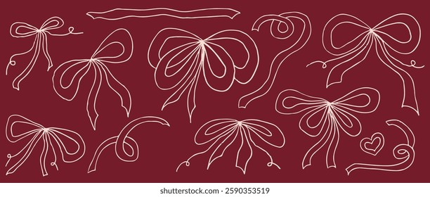 Bow coquette set on hand drawn style. Bow for gift vintage. Coquette trendy design. Vector illustration