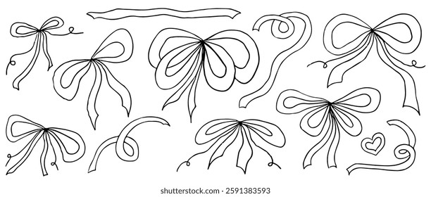Bow coquette set on hand drawn style. Bow for gift vintage. Coquette trendy design. Vector illustration