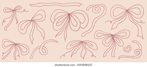 Bow coquette set on hand drawn style. Bow for gift vintage. Coquette trendy design. Vector illustration