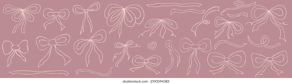 Bow coquette set on hand drawn style. Bow for gift vintage. Coquette trendy design. Vector illustration