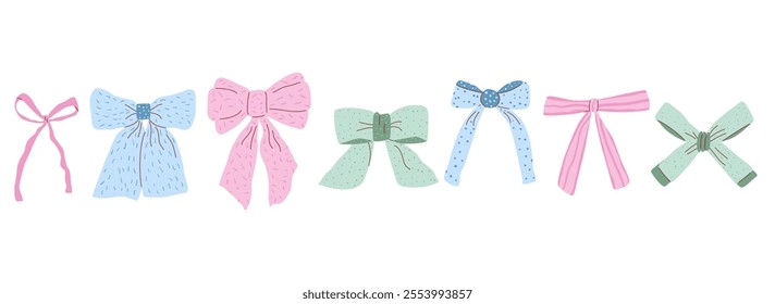 Bow coquette set. Preppy pretty bowknots pack. Vector girly ribbons collection. Illustration isolated on white background.