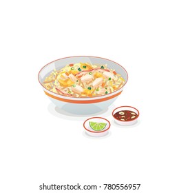 A bow of crab fried rice with sauce and lime.